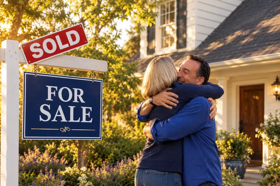 A couple hugging in front of their new home beside a SOLD sign, in warm evening light with lavender in the garden
